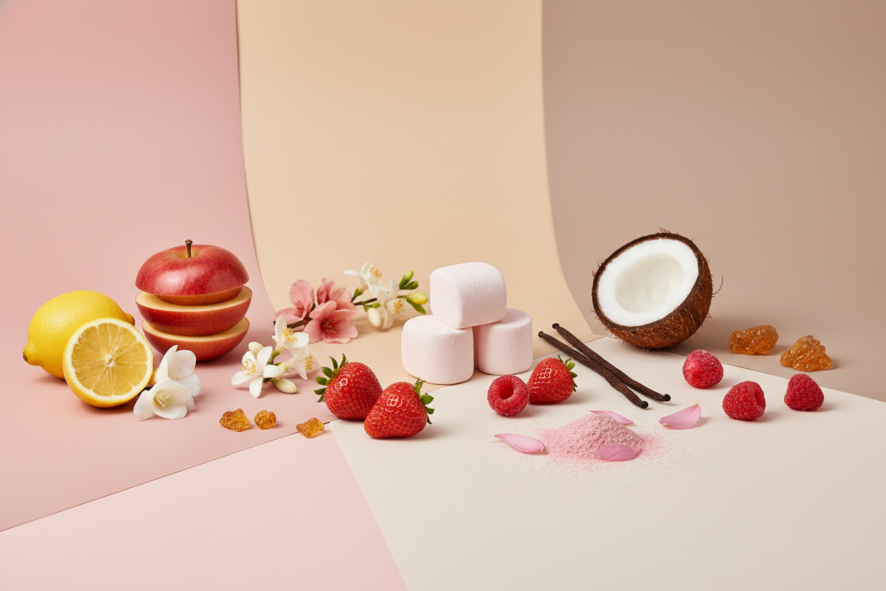 generate a modern product image displaying the following individual notes, with a pink/beige/taupe background: apple, lemon, freesia, nectarine blossom, orange blossom, pink marshmallow, strawberry, coconut, vanilla, raspberry sugar, pink musk, amber 