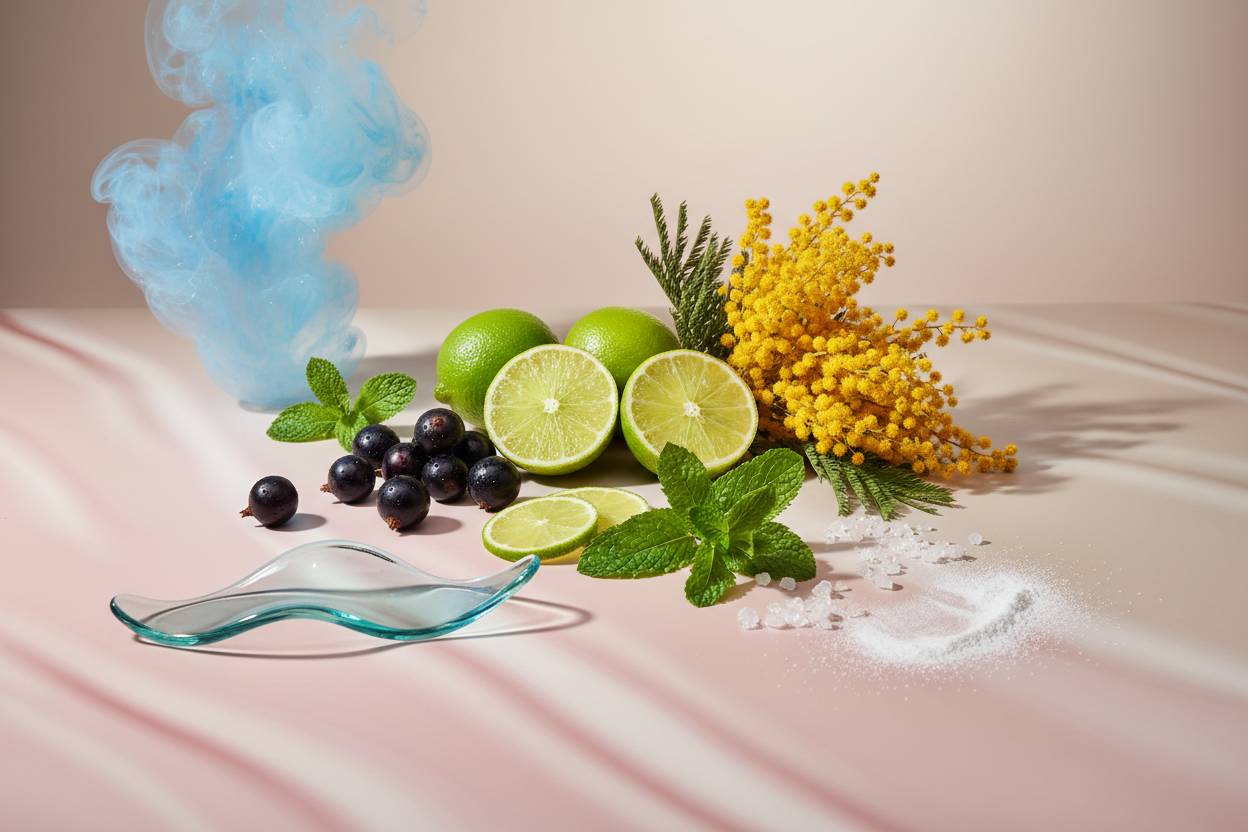 generate a modern product image displaying the following individual notes, with a pink/beige/taupe background: azure sky, sea water, lime, mint, black currant, mimosa flower, musk