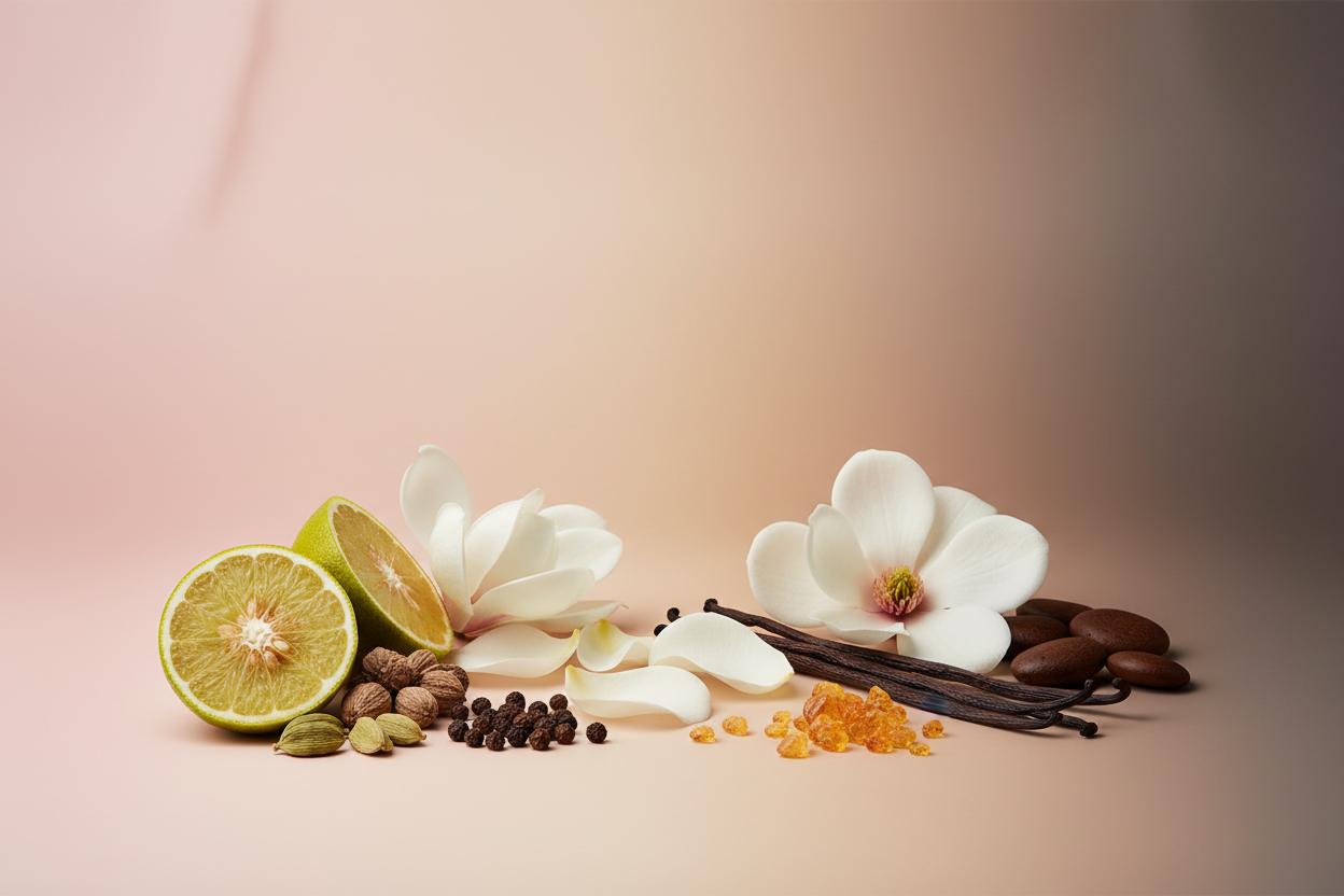 generate a modern product image displaying the following individual notes, with a pink/beige/taupe background: bergamot, cardamom, black pepper, magnolia, white rose, vanilla, amber, tonka bean
