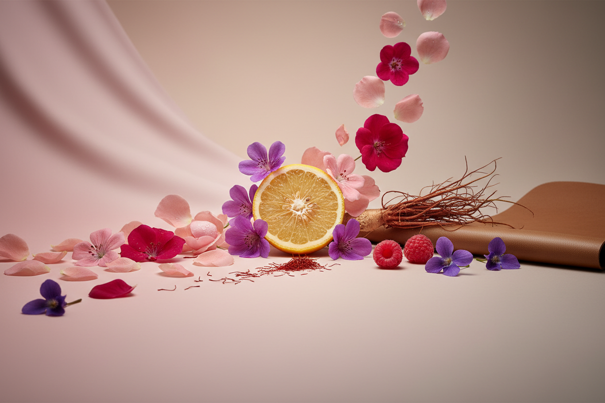 generate a modern product image displaying the following individual notes, with a pink/beige/taupe background: bergamot, geranium, rose, violet, raspberry, saffron, vetiver, leather
