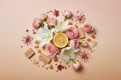 generate a modern product image displaying the following individual notes, with a pink/beige/taupe background: bergamot, lily, rose, saffron, pink pepper, amber, sandalwood
