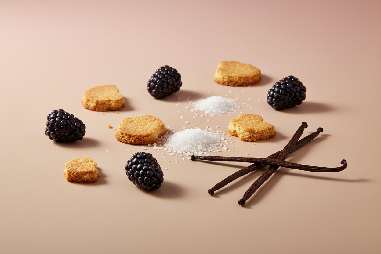 generate a modern product image displaying the following individual notes, with a pink/beige/taupe background: blackberry, shortbread crust, sugar, vanilla