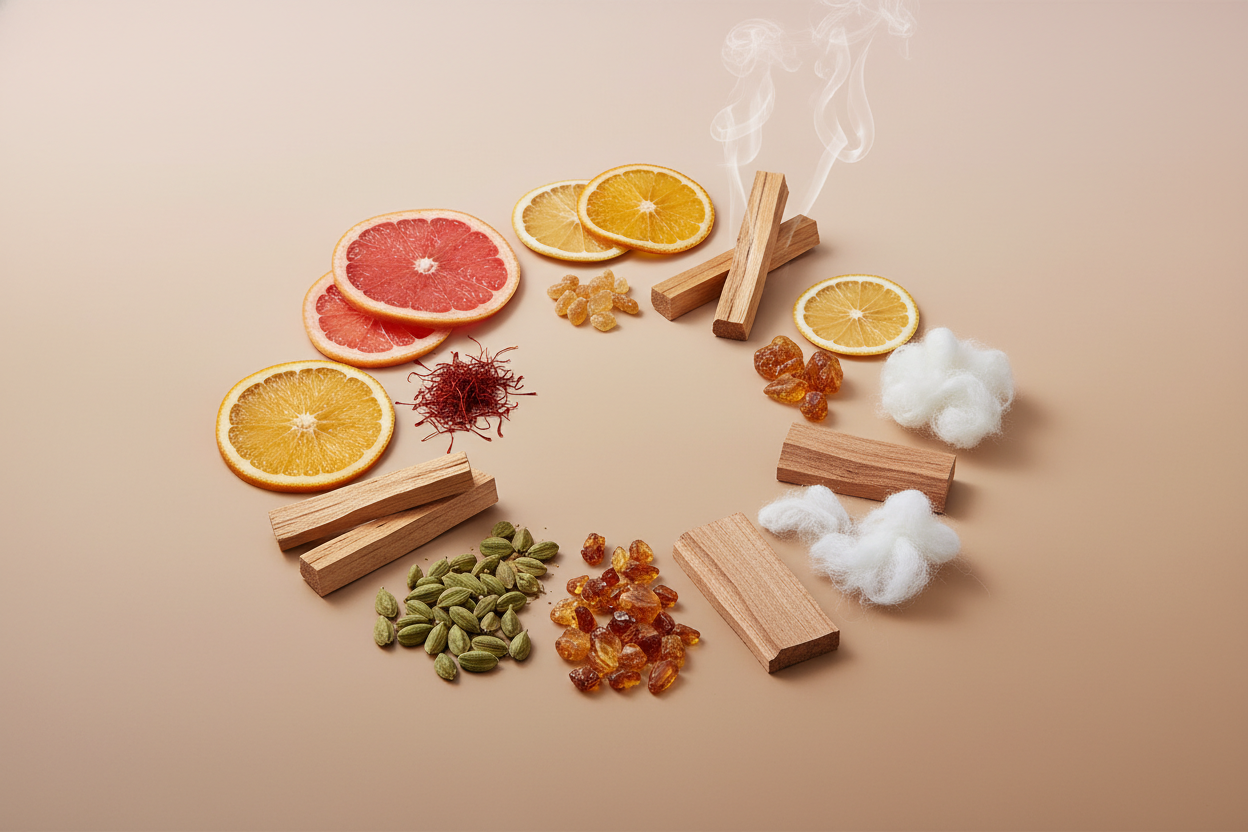generate a modern product image displaying the following individual notes, with a pink/beige/taupe background: cardamom, citrus, saffron, palo santo, sandalwood, amber, smoke, musk