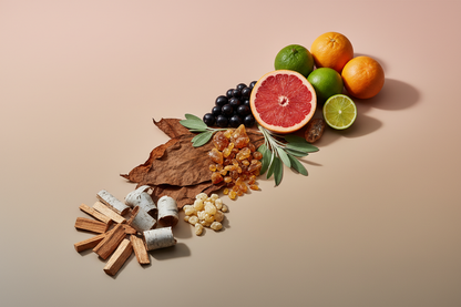generate a modern product image displaying the following individual notes, with a pink/beige/taupe background: cassis, grapefruit, bergamot, tobacco, amber, sage leaf, birch, myrrh, guiac wood
