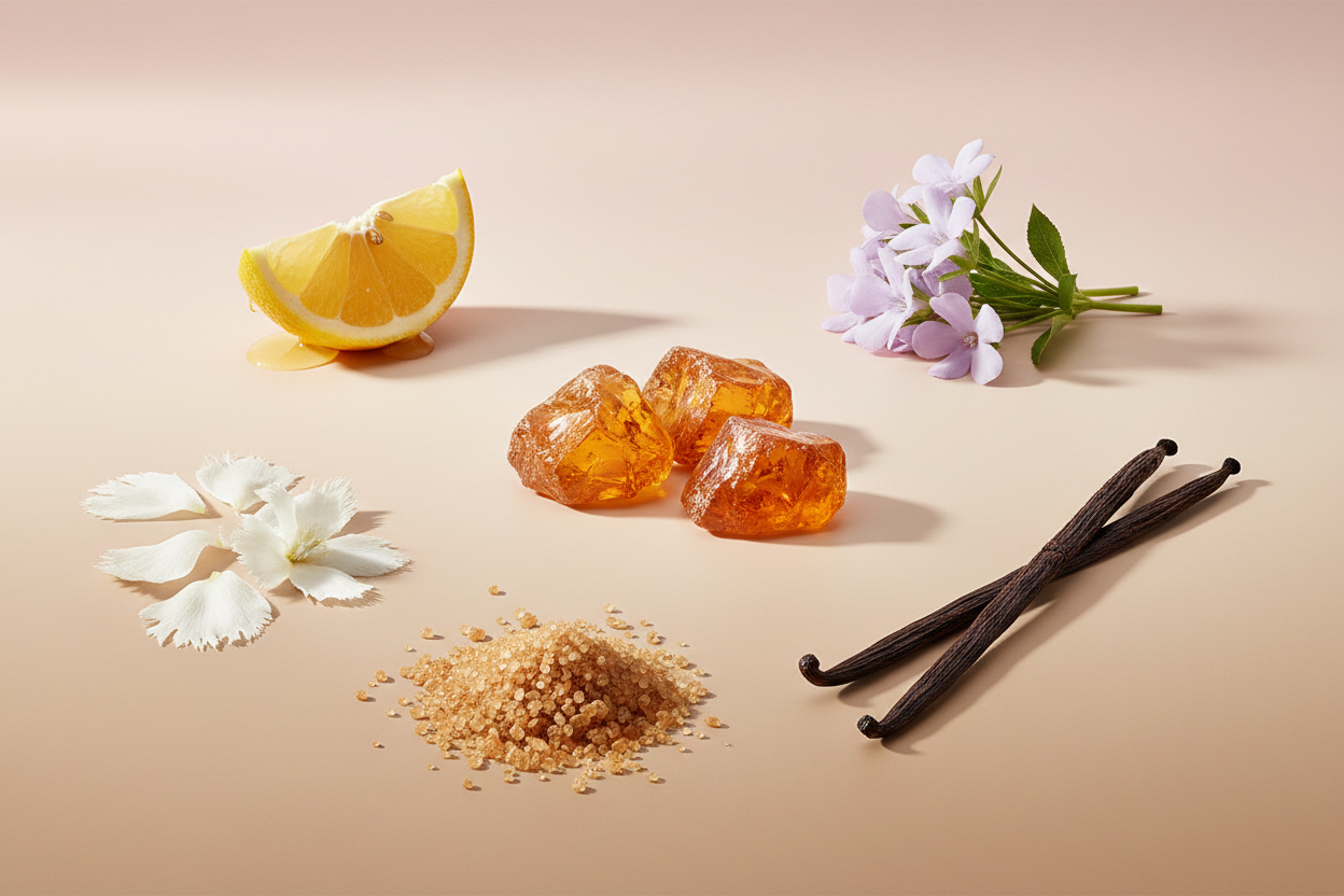 generate a modern product image displaying the following individual notes, with a pink/beige/taupe background: citron, heliotrope, amber, brown sugar, musk, vanilla