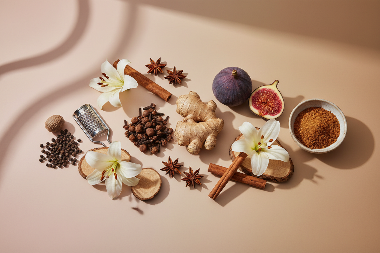 generate a modern product image displaying the following individual notes, with a pink/beige/taupe background: clove, ginger, anise, fig, cinnamon, lily, nutmeg, pepper, spice, woods