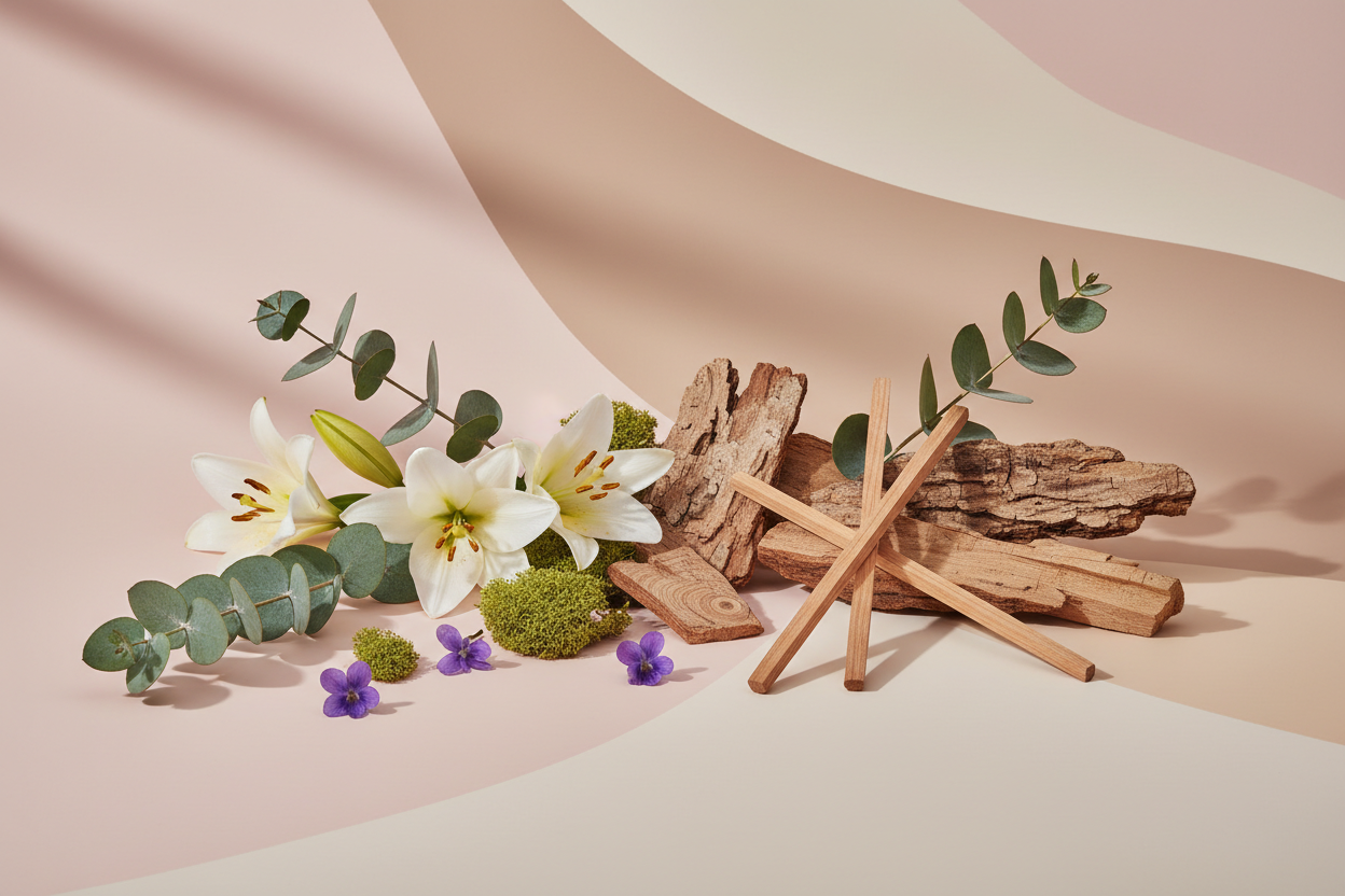 generate a modern product image displaying the following individual notes, with a pink/beige/taupe background: eucalyptus, lily, moss, violet, cedar, moss, oak, sandalwood