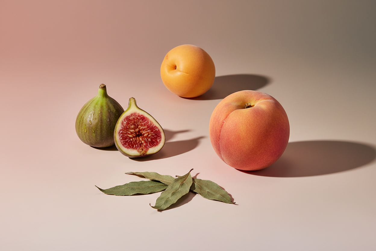generate a modern product image displaying the following individual notes, with a pink/beige/taupe background: fig, peach, apricot, patchouli