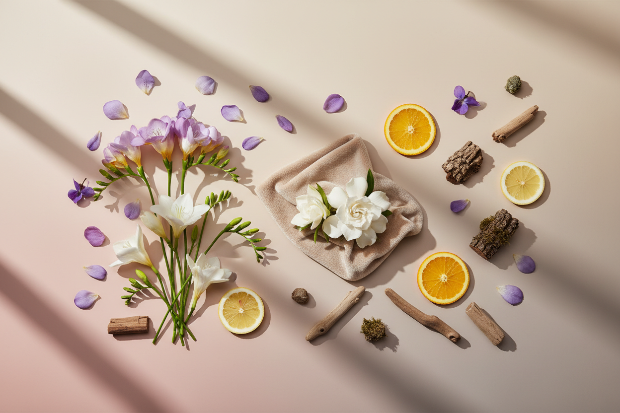 generate a modern product image displaying the following individual notes, with a pink/beige/taupe background: freesia, lily, violet, gardenia, cashmere, citrus, wood
