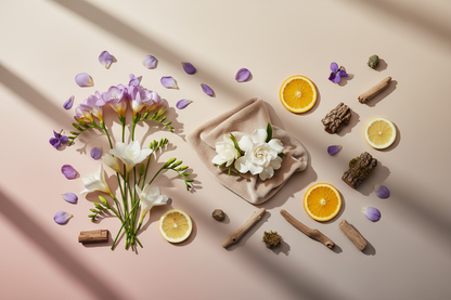 generate a modern product image displaying the following individual notes, with a pink/beige/taupe background: freesia, lily, violet, gardenia, cashmere, citrus, wood