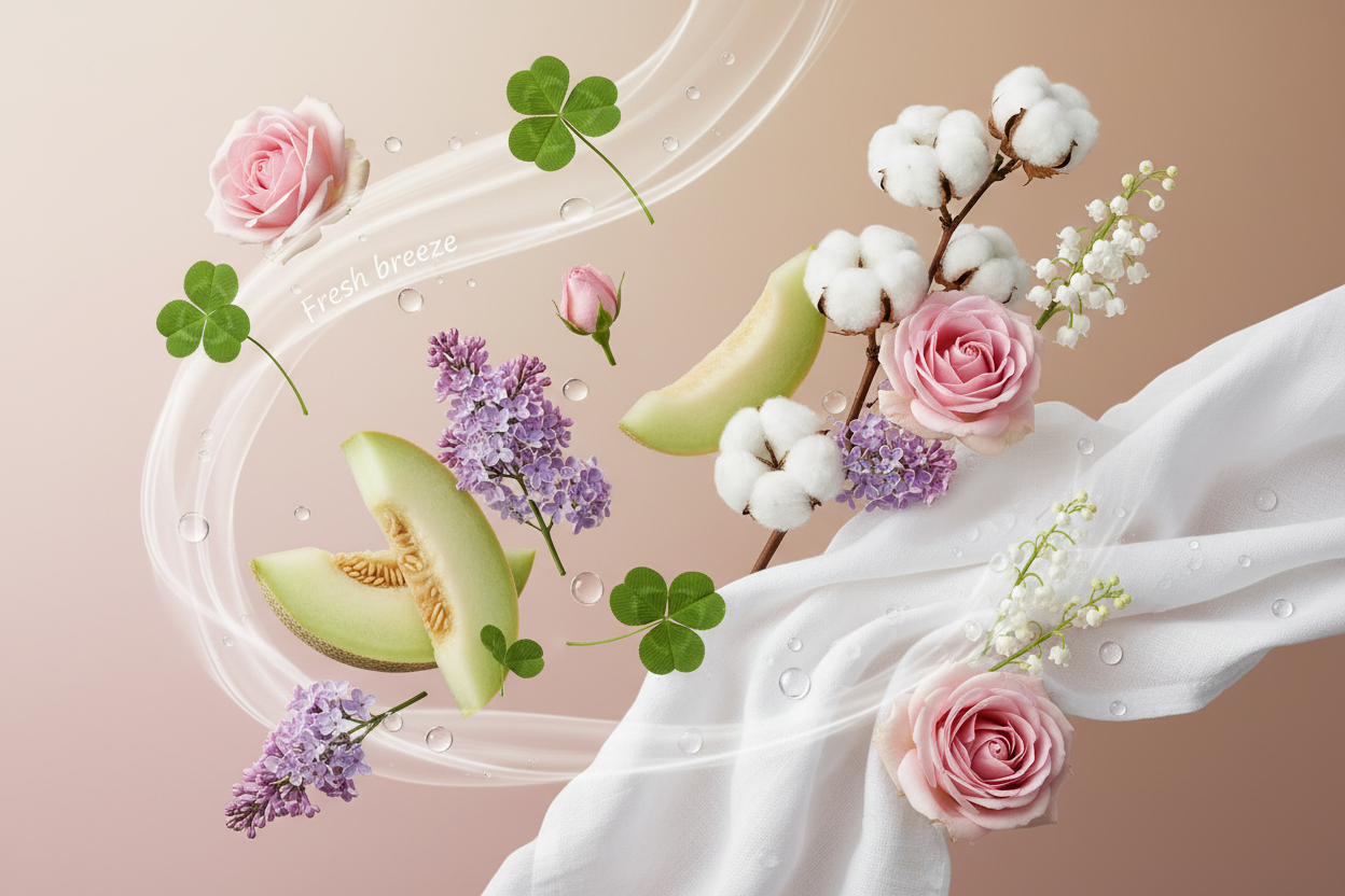 generate a modern product image displaying the following individual notes, with a pink/beige/taupe background: fresh breeze, green clover, honeydew, cotton flower, lilac, lily of the valley, linen, rose, mineral water