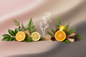 generate a modern product image displaying the following individual notes, with a pink/beige/taupe background: greenery, mint, citrus, cypress, pine, cedar, smoke