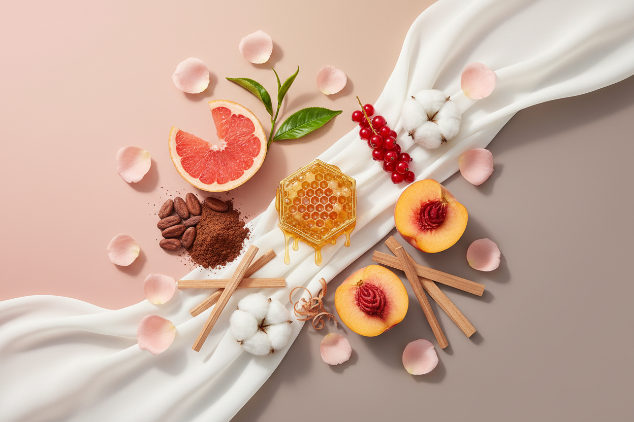 generate a modern product image displaying the following individual notes, with a pink/beige/taupe background: honey, grapefruit, green tea, red currant, peach, rose petals, cacao, sandalwood, white musk