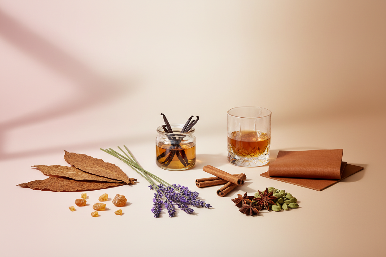 generate a modern product image displaying the following individual notes, with a pink/beige/taupe background: lavender, tobacco leaves, cognac, warm leather, vanilla liqueur, spices, amber