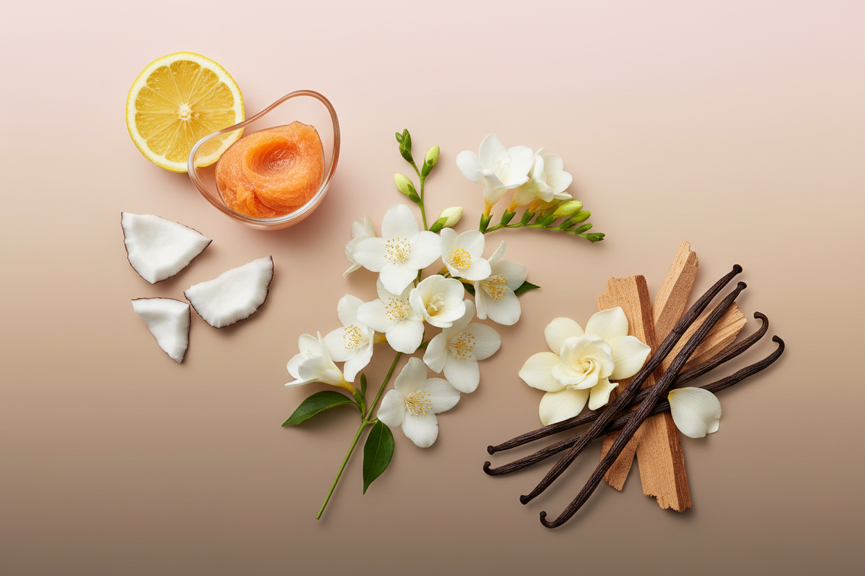 generate a modern product image displaying the following individual notes, with a pink/beige/taupe background: lemon, peach pulp, coconut, jasmine, freesia, gardenia, vanilla bourbon, vanilla bean, cedar