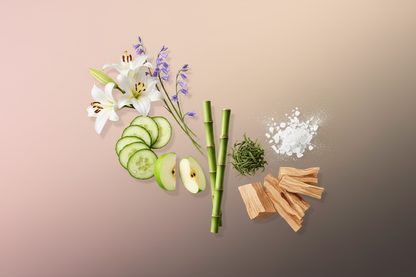 generate a modern product image displaying the following individual notes, with a pink/beige/taupe background: lily, bluebells, cucumber, apple, bamboo, green tea, musk, woods