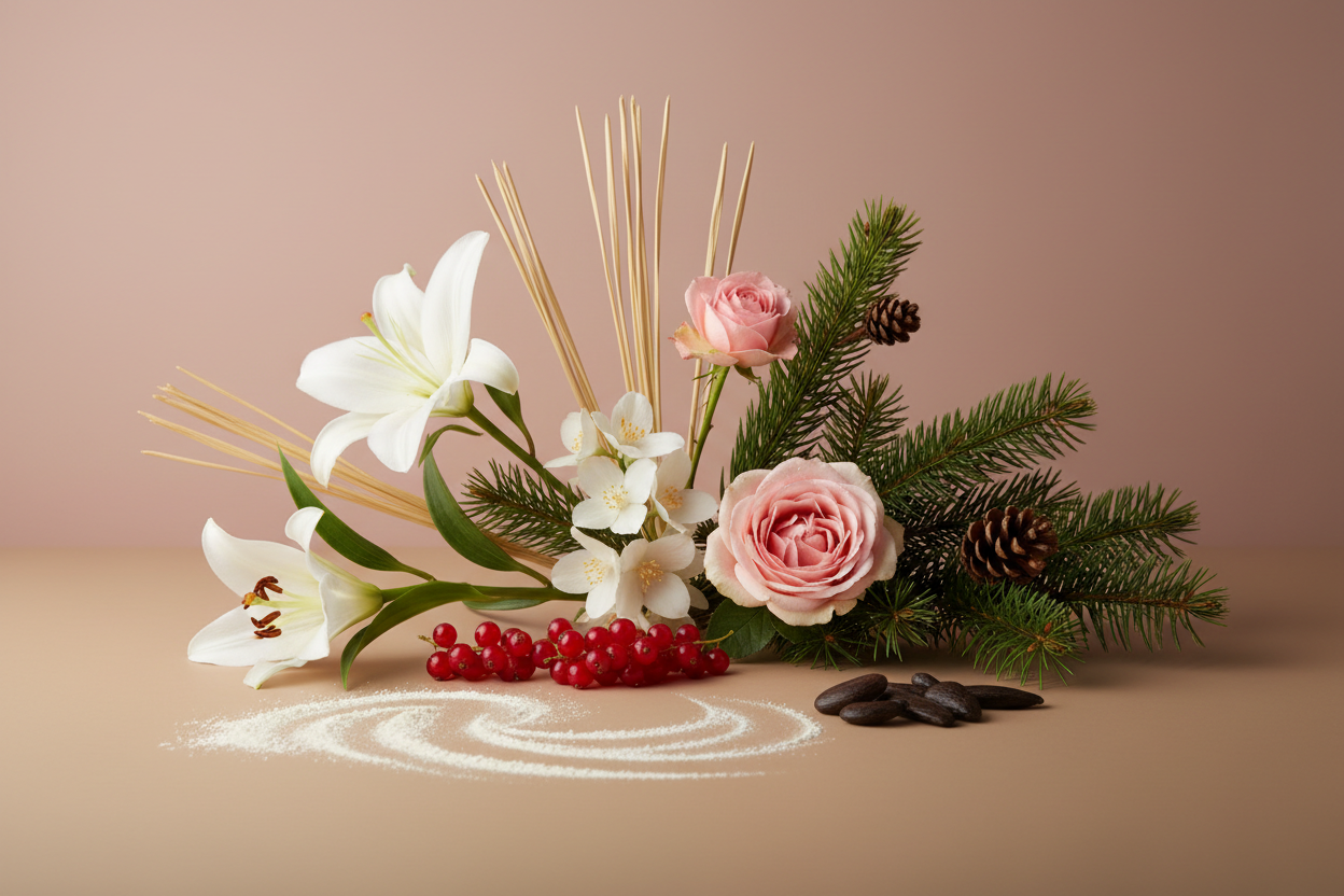 generate a modern product image displaying the following individual notes, with a pink/beige/taupe background: lily, jasmine, straw, rose, pine, currant, balsam, musk, tonka bean