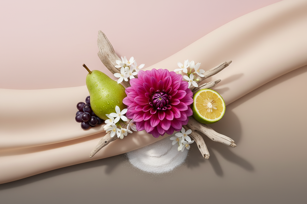 generate a modern product image displaying the following individual notes, with a pink/beige/taupe background: magenta dahlia, jasmine, pear, grape, bergamot, coastal woods, musk