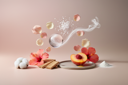 generate a modern product image displaying the following individual notes, with a pink/beige/taupe background: marine, rose, ozone, peach nectar, cedar, hibiscus, musk