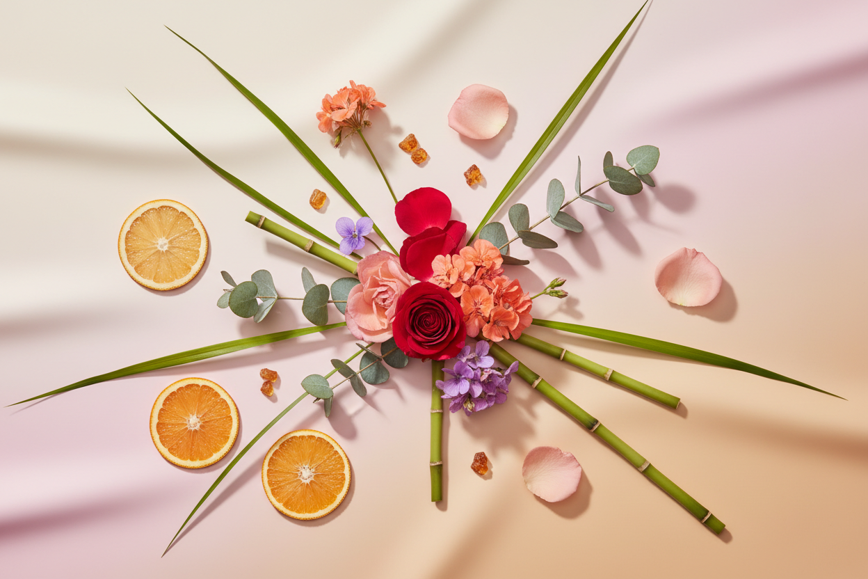 generate a modern product image displaying the following individual notes, with a pink/beige/taupe background: orange, eucalyptus, bamboo, grass, rose, violet, geranium, galbanum