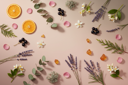 generate a modern product image displaying the following individual notes, with a pink/beige/taupe background: orange peel, eucalyptus, lavender, cypress needle, rose petals, black currant, jasmine, oakmoss, amber, neroli