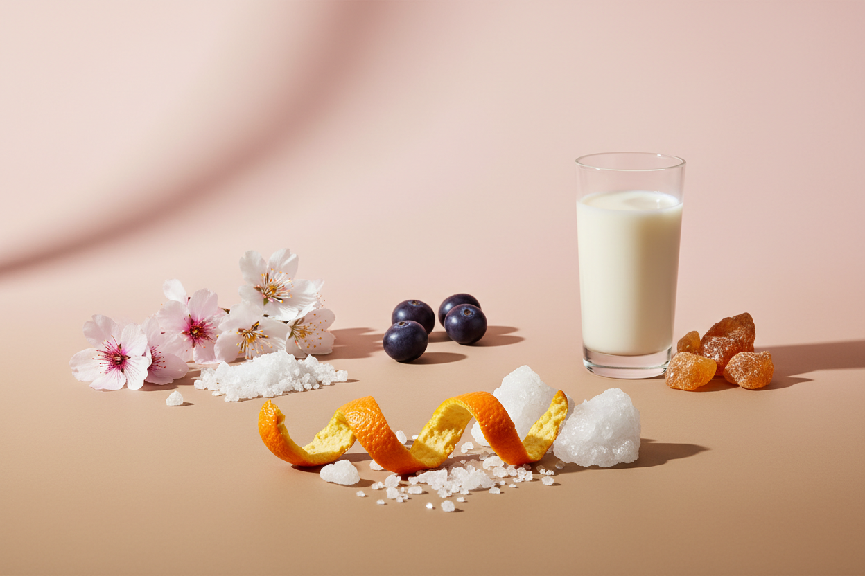generate a modern product image displaying the following individual notes, with a pink/beige/taupe background: orange peel, sea salt, cassis, cherry blossom, almond blossom, almond milk, amber, sugared musk