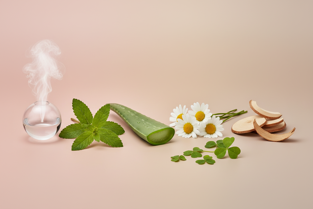 generate a modern product image displaying the following individual notes, with a pink/beige/taupe background: ozone, lemon verbena, aloe leaf, daisy, green clover, woods 
