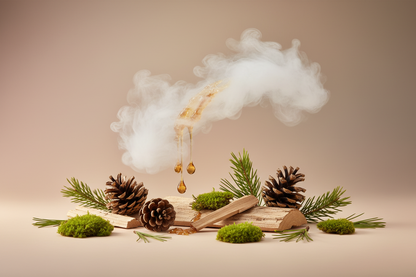 generate a modern product image displaying the following individual notes, with a pink/beige/taupe background: ozone, pine cone, pine sap, pine needles, pine branches, forest moss, balsamic woods