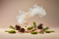 generate a modern product image displaying the following individual notes, with a pink/beige/taupe background: ozone, pine cone, pine sap, pine needles, pine branches, forest moss, balsamic woods