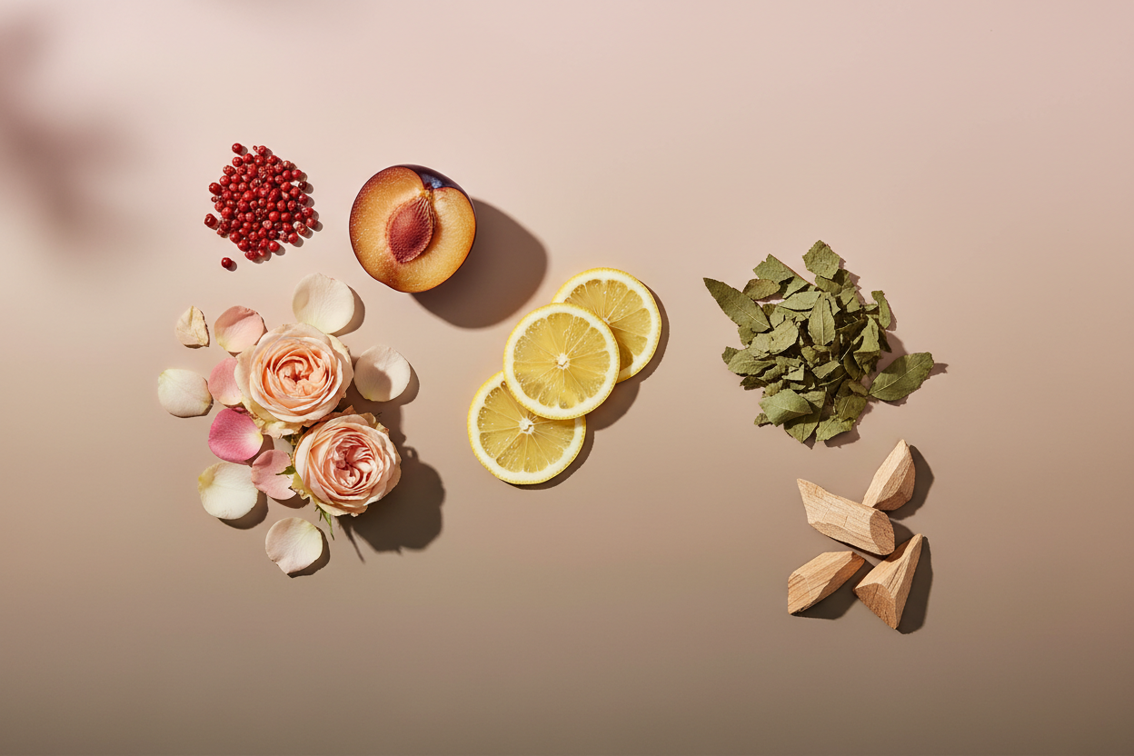 generate a modern product image displaying the following individual notes, with a pink/beige/taupe background: pink pepper, plum, rose, lemon, patchouli, cedar