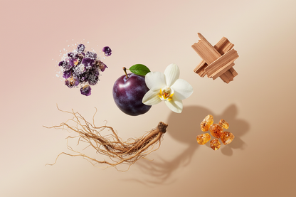 generate a modern product image displaying the following individual notes, with a pink/beige/taupe background: plum, vanilla orchid, sugared violet, sandalwood, amber, vetiver