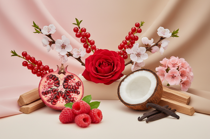 generate a modern product image displaying the following individual notes, with a pink/beige/taupe background: red raspberry, pomegranate, peach blossom, red currant, red rose, geranium, coconut, tonka bean, sandalwood