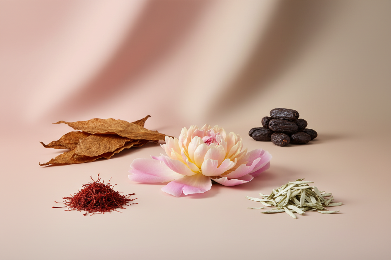 generate a modern product image displaying the following individual notes, with a pink/beige/taupe background: saffon, tobacco, white tea, peony, tonka bean