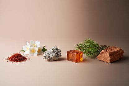 generate a modern product image displaying the following individual notes, with a pink/beige/taupe background: saffron, jasmine, ambergris, amberwood, fir, cedar