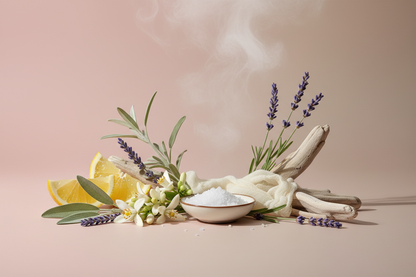 generate a modern product image displaying the following individual notes, with a pink/beige/taupe background: sea salt, citron, white sage, orange blossom, lavender, marine mist, beachwood, musk