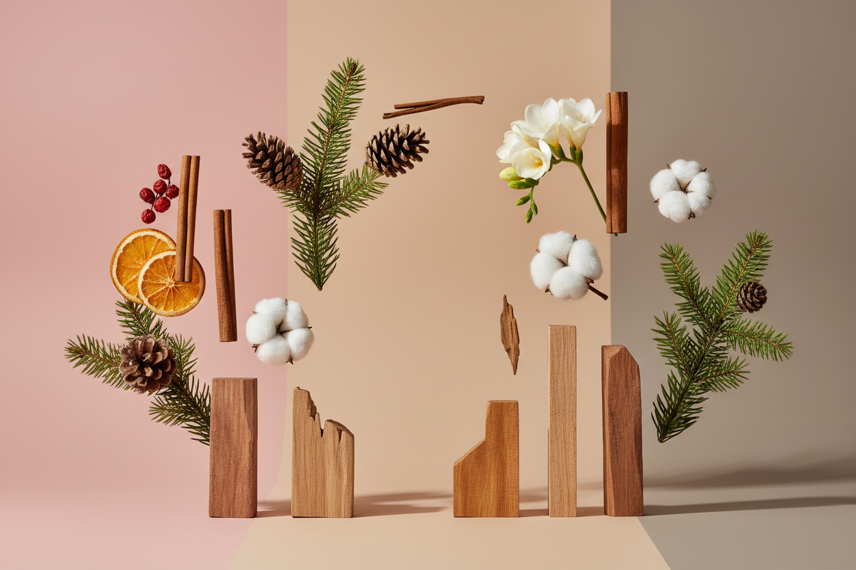 generate a modern product image displaying the following individual notes, with a pink/beige/taupe background: spruce, balsam, pine cones, spiced fruit, white musk, cedar, woods