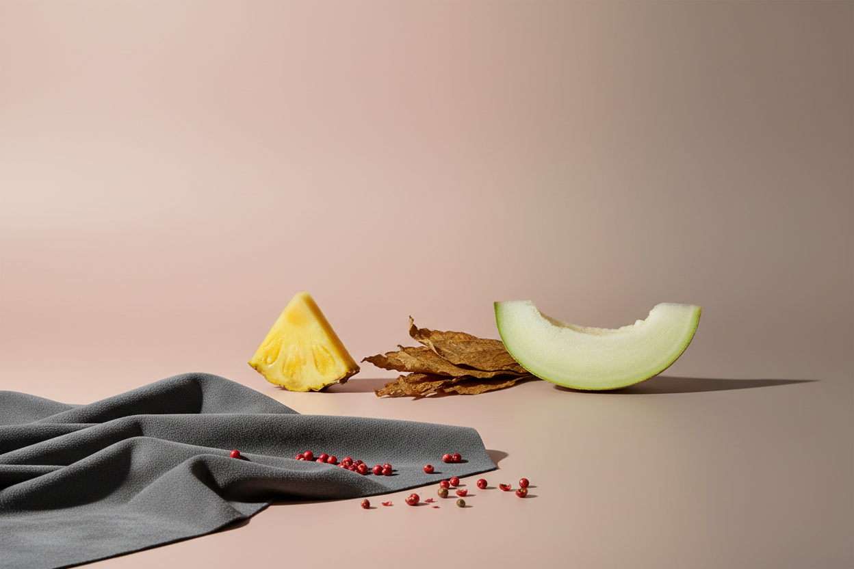 generate a modern product image displaying the following individual notes, with a pink/beige/taupe background: suede, pink pepper, tobacco, pineapple, melon