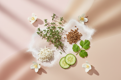 generate a modern product image displaying the following individual notes, with a pink/beige/taupe background: thyme, coriander, cucumber, white tea, jasmine, musk