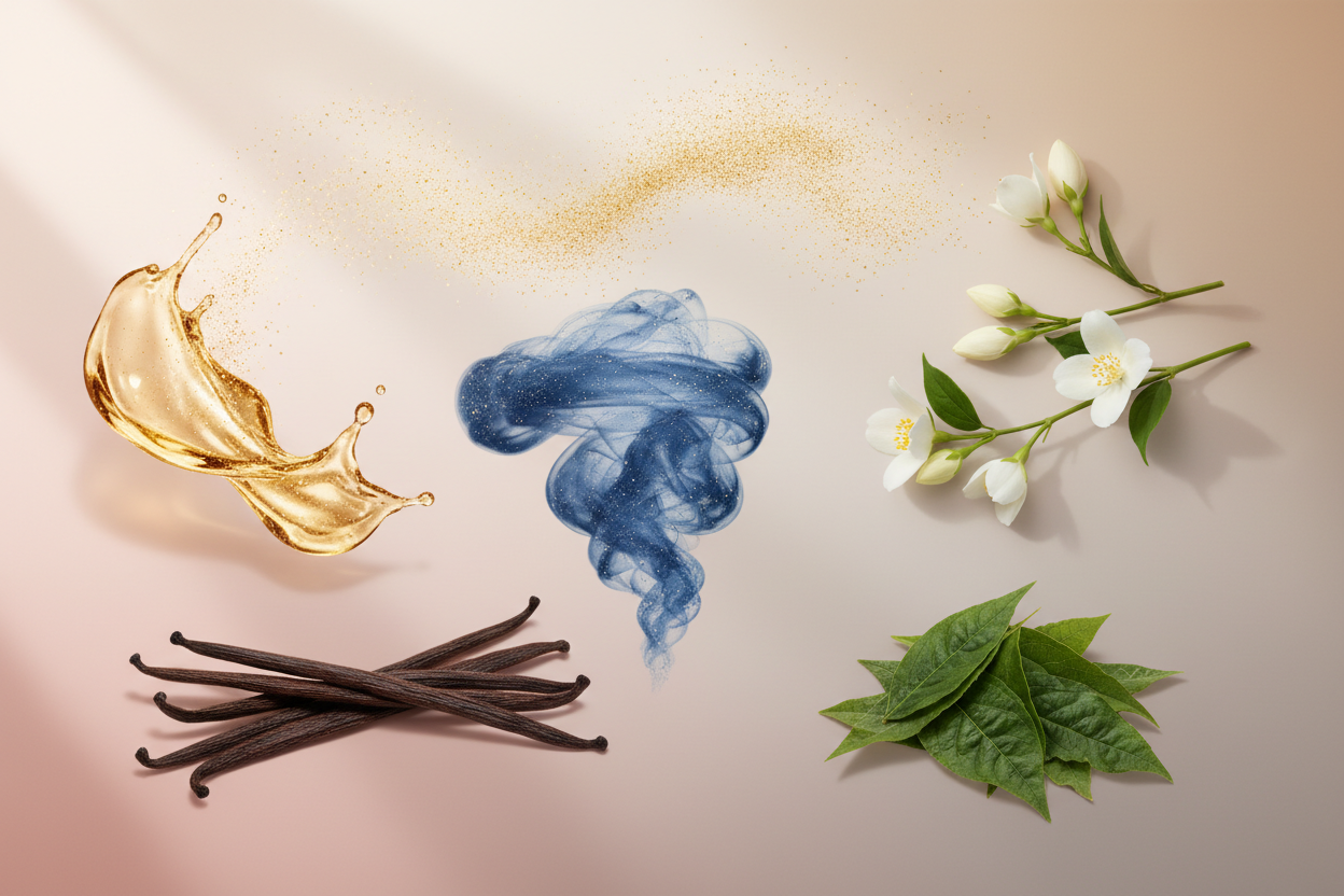 generate a modern product image displaying the following individual notes, with a pink/beige/taupe background: vanilla, midnight air, jasmine, pollen, patchouli, golden musk