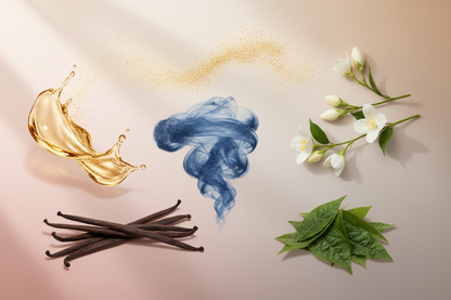 generate a modern product image displaying the following individual notes, with a pink/beige/taupe background: vanilla, midnight air, jasmine, pollen, patchouli, golden musk