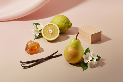 generate a modern product image displaying the following individual notes, with a pink/beige/taupe background: vanilla, pear, bergamot, jasmine, sandalwood, amber