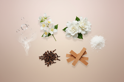 generate an image showing individual notes for a modern product image, in a pink/beige/taupe background, including: ozone, jasmine, white florals, clove, sandalwood, musk